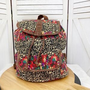 Bongo Leopard Print Multicolor Canvas Backpack Brown Multi